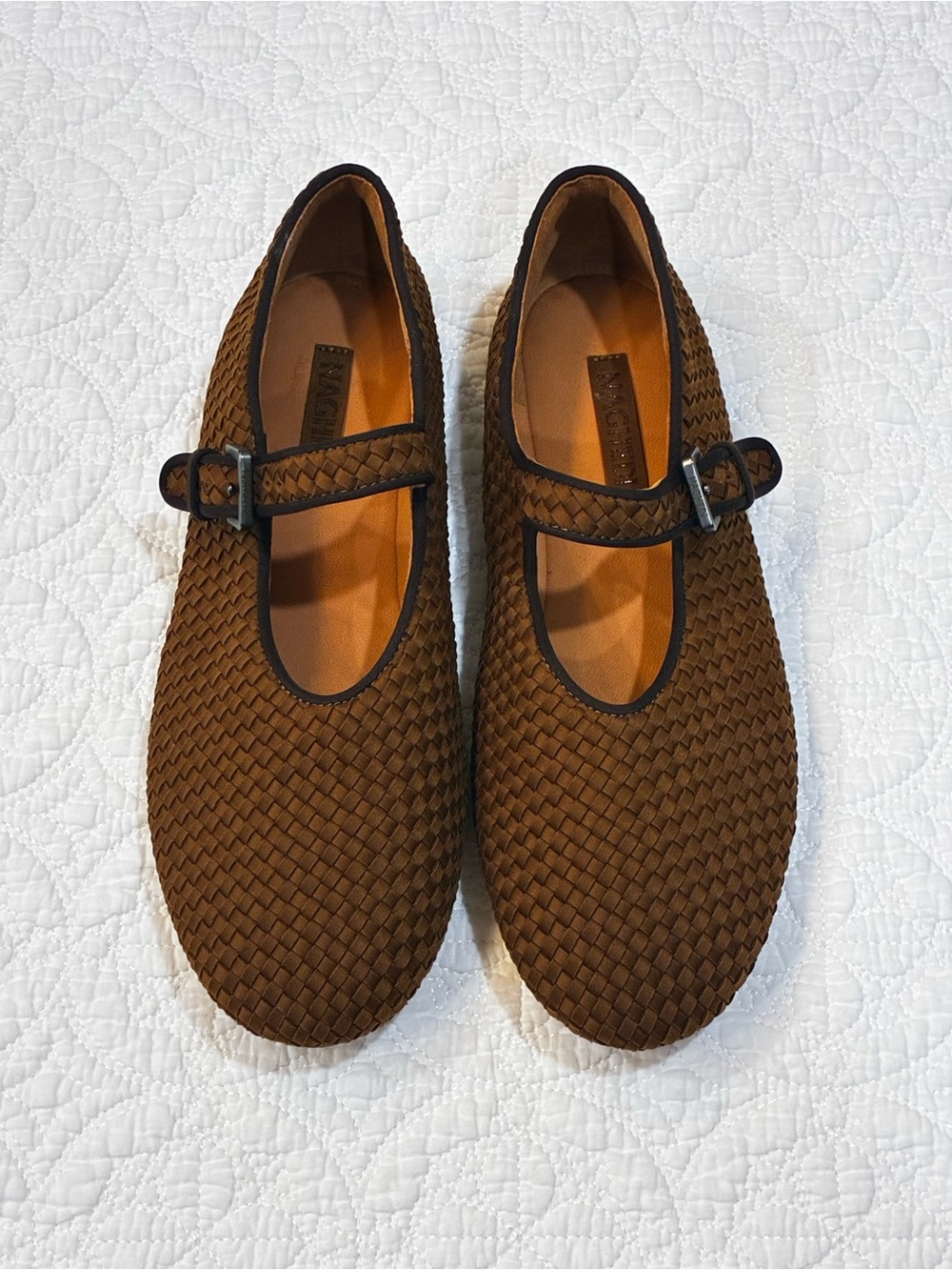 Naghedi Brown Woven Leather Neoprene Marais Mary Jane Flats Teak Size 38 (7.5-8)